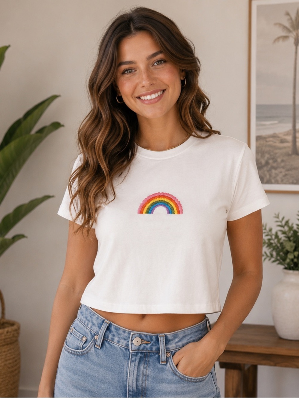White Cropped Tee with Rainbow - Women Size M